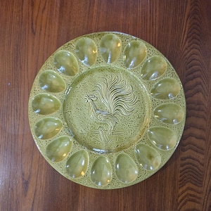 California Potteries Avocado Green Deviled Egg Platter w Rooster Center: Mid Century Oyster Dish