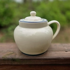 May include: A cream-colored ceramic sugar bowl with a lid and handle. The lid and base feature blue and green trim. The bowl is round with a small handle and a knob on the lid. The background is a blurred view of green foliage.