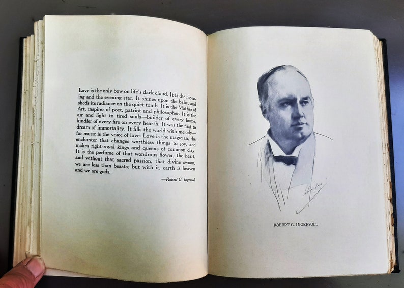 May include: A black and white portrait of Robert G. Ingersoll, an American lawyer, orator, and lecturer. The image is from a book with a quote from Ingersoll about love.