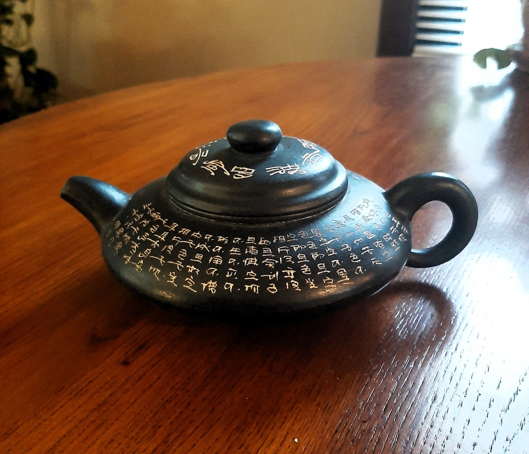 Vintage Signed Yixing Clay Teapot: Dark Blue Chinese Calligraphy - Etsy