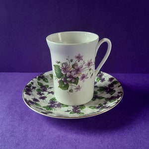Vintage Violets Demitasse Cup and Saucer Mismatched Pieces Zeller Crest Bone China England, Kasunga Japan, Spring Violet Teacup and Saucer