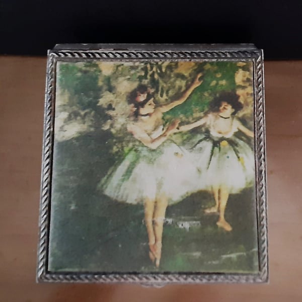 Antique Brass Ballerina Jewelry Trinket Box Danseuses En Jaune by Degas w Green Velvet Liner, Vintage Edgar Degas Ballerina Dancing Box