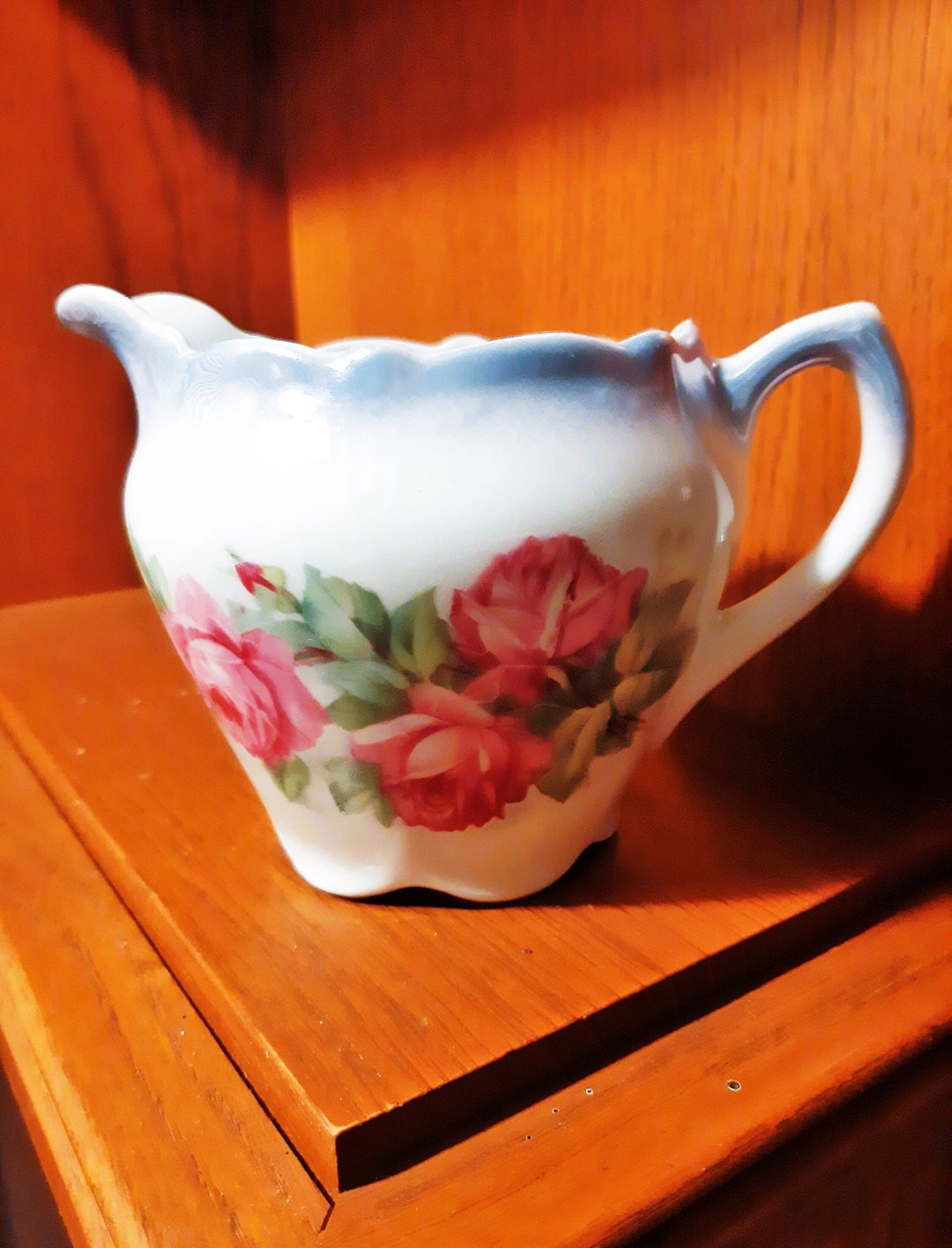 Antique German Lusterware Creamer With Pink Roses, Green Leaves and