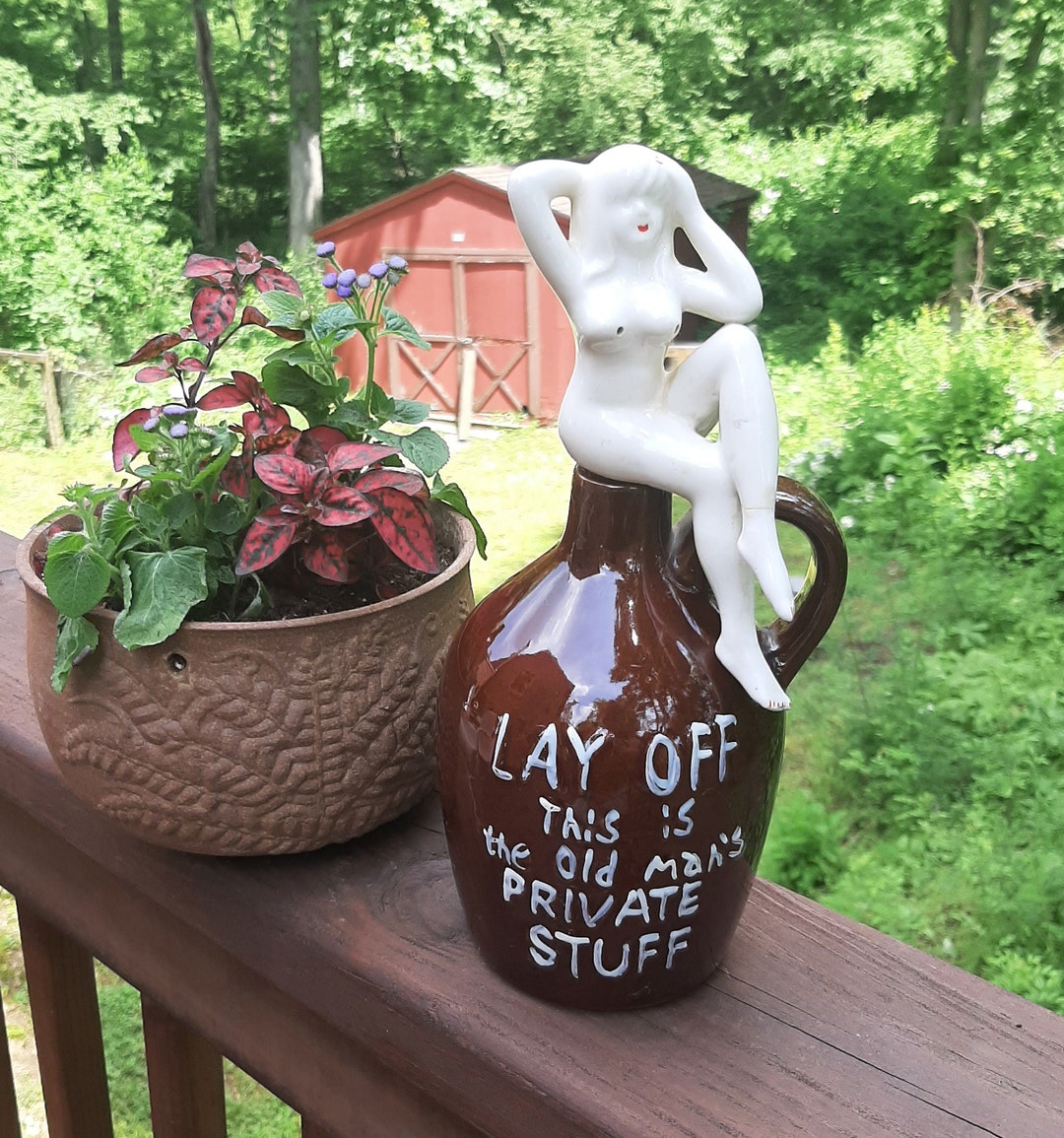 1950's Brown Whiskey Jug Old Man's Private Stuff W Nude Woman
