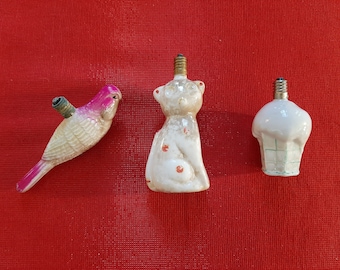Antique Figural Milk Glass Christmas Bulbs Set of 3, Canary Bulb, Cat w Spots Bulb, Ice Cream Cone Bulb, Vintage Christmas Tree Lights