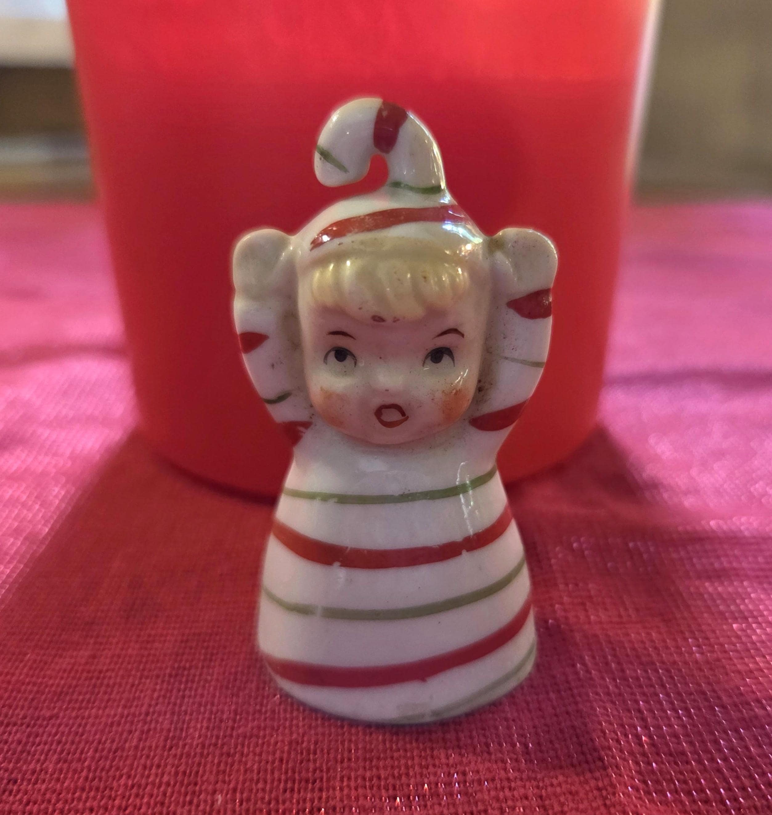 Mid Century Candy Cane Pixie Bell Japan, 1950s Elf Porcelain Candy Cane Bell, Vintage Pixie Christmas Ornament, Retro Elf Christmas Decor