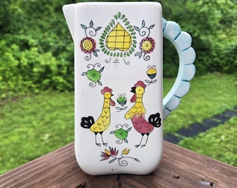 Vintage Pennsylvania Dutch Pitcher: Folk Art Rooster & Floral Decor