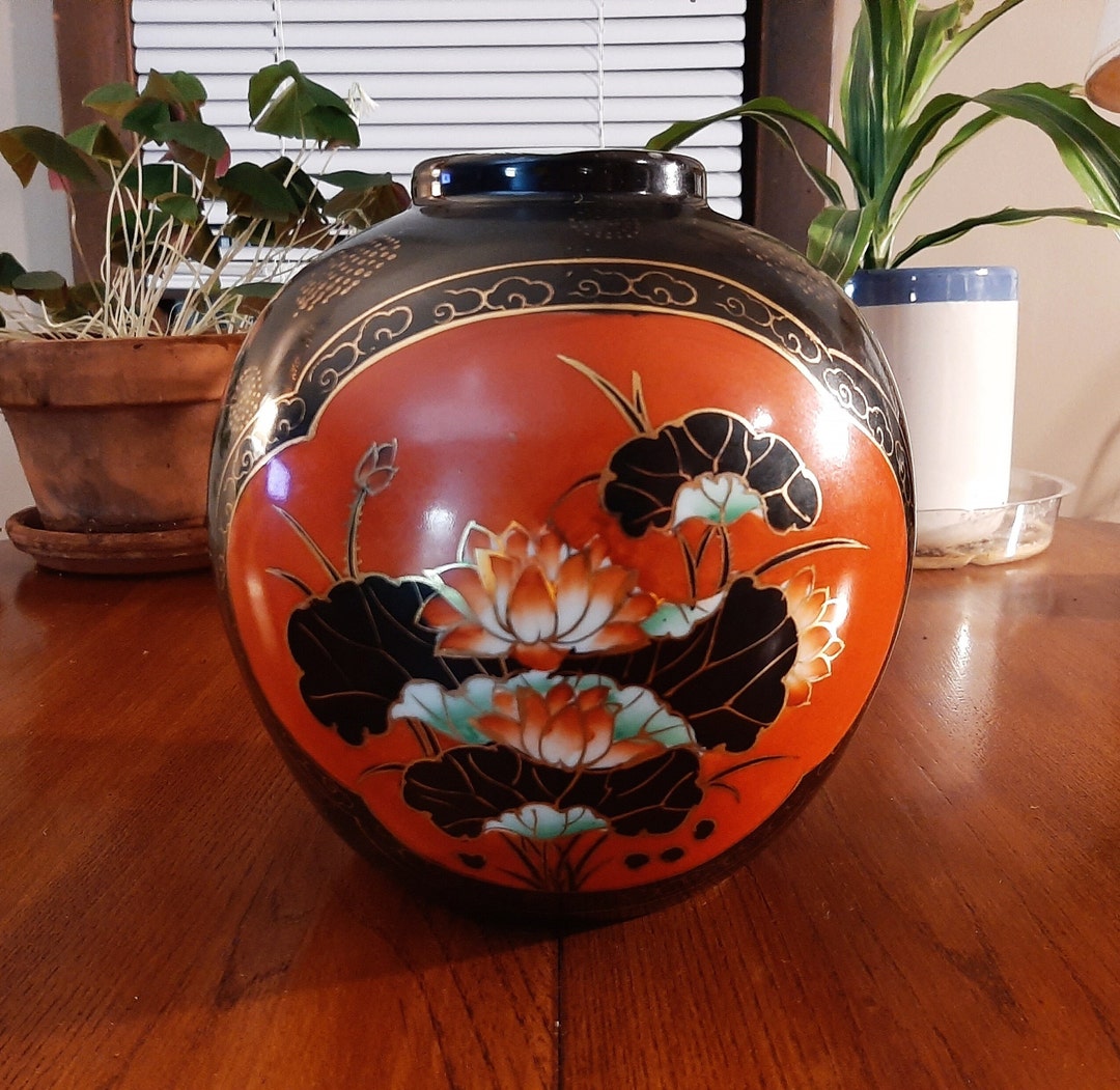 Vintage Asian Lotus Flower Round Vase Black Gold and Orange Red, 1970's