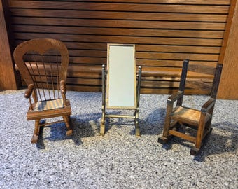 Vintage Miniature Dark Wood Furniture incl. Two Rocking Chairs and a Mirror in Metal Stand:  Dollhouse