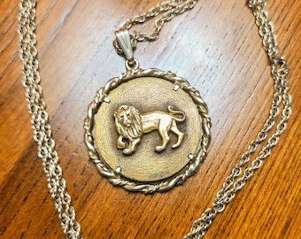 Vintage Anson Pewter Leo Zodiac Lion Pendant on Satin Finished Disk:  Zodiac Jewelry