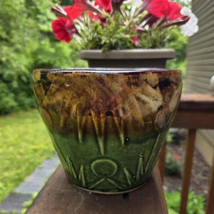 Robinson Ransbottom Sun and Moon 5&quot; Jardiniere, Vintage RRP Co.  Roseville Green w Brown Drip Planter, Antique Planter, Collectible Pottery