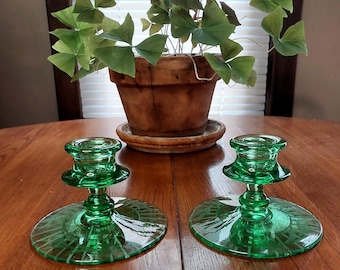 Vintage Uranium Green Glass Candlestick Set, Etched Floral Depression Glass