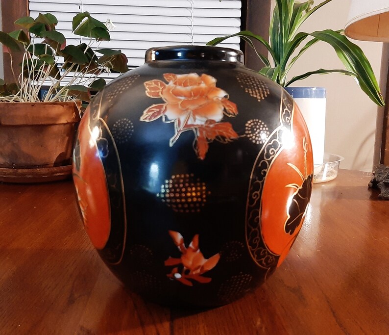 Vintage Asian Lotus Flower Round Vase Black Gold and Orange Red, 1970's