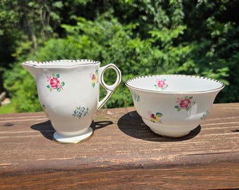 Royal Stafford Rose, Pansy & Forget Me-Not Creamer and Open Sugar Bowl Made in England:  Cottage Breakfast Table