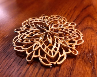 Vintage Gold Tone Large Flower Center Scroll Brooch, Retro Costume Jewelry, Mid Century Ornate Scroll Flower Pin