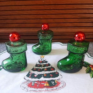 Vintage Avon Green Glass Christmas Stocking Perfume Bottles w Red Ball Top, Avon Christmas Surprise Perfume Bottles, Retro Avon Christmas