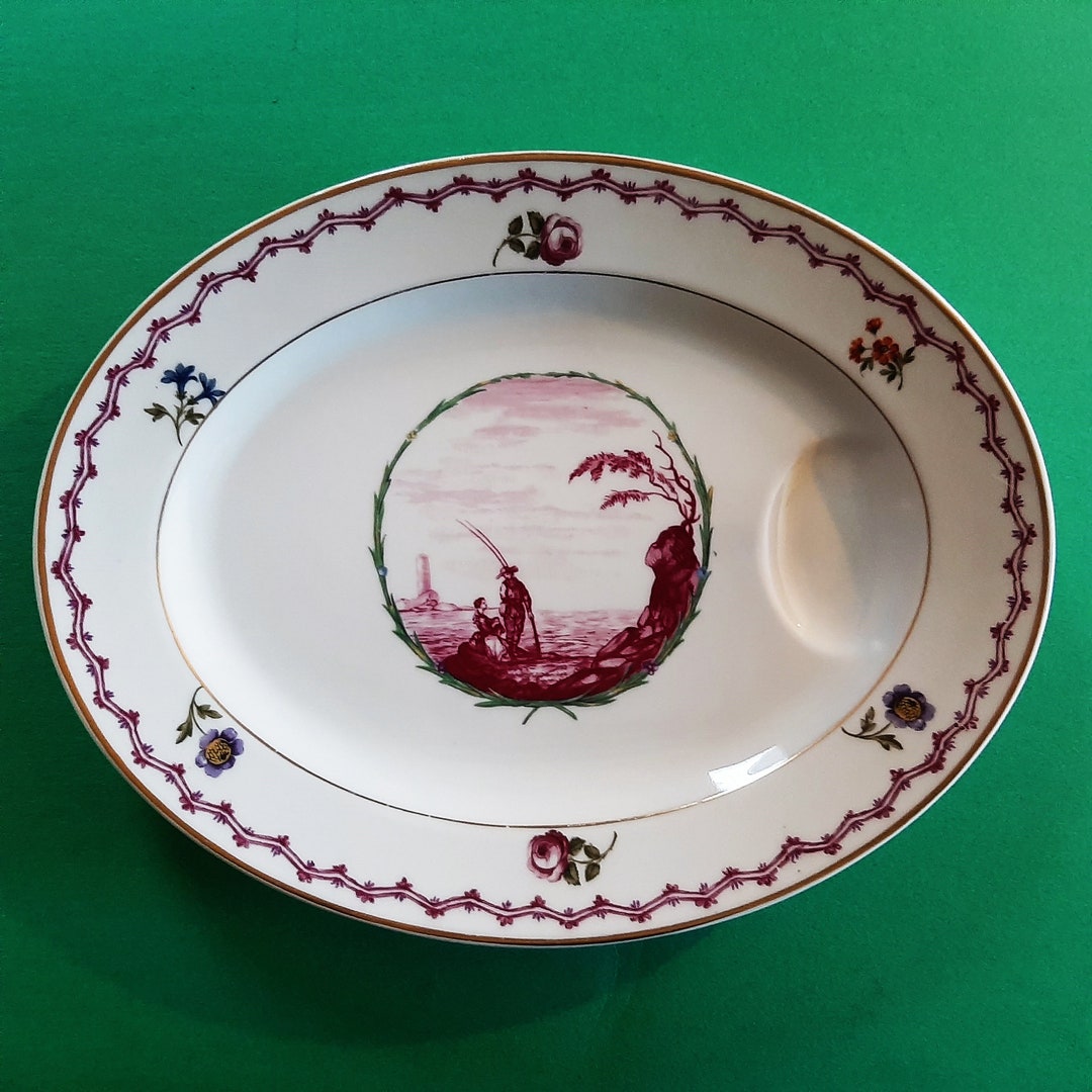 Antique Haviland Malmaison Old Purple Fishing Scene Serving Platter W