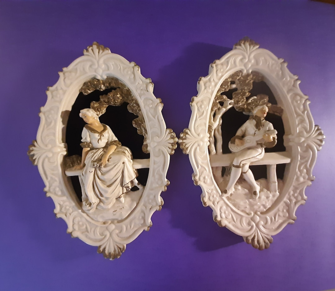 Mid Century Victorian Chalkware Man & Woman Romantic Wall Hangings