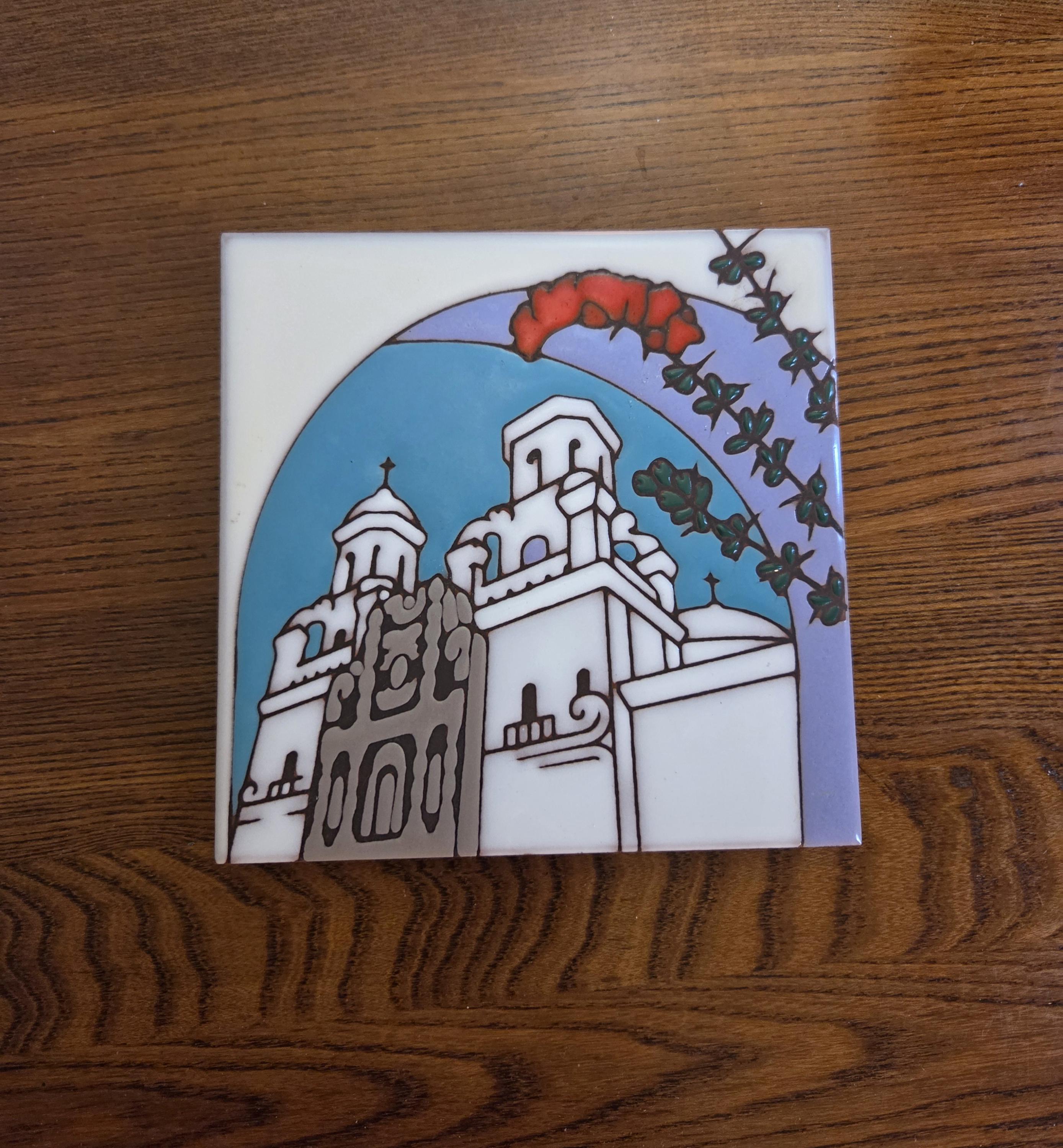 Masterworks San Xavier Mission Art Tile, Vintage Handcrafted Hand Glazed Spanish Church Decorative Tile, Spanish Mission Trivet Hot Dish