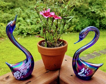 Vintage Iridescent Cobalt Blue Art Glass Swans - 1960s Pair