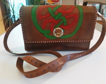 Vintage Hand Tooled Bag with Green and Red Loop Design, Mexican Tooled Purse with Mexican Flag Colors Green and Red,