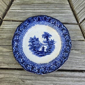 Antique Flow Blue Real Ironstone Bread or Dessert Plate, Collectible Flow Blue Small Plate Woman with Child and Dog, RARE Flow Blue Plate