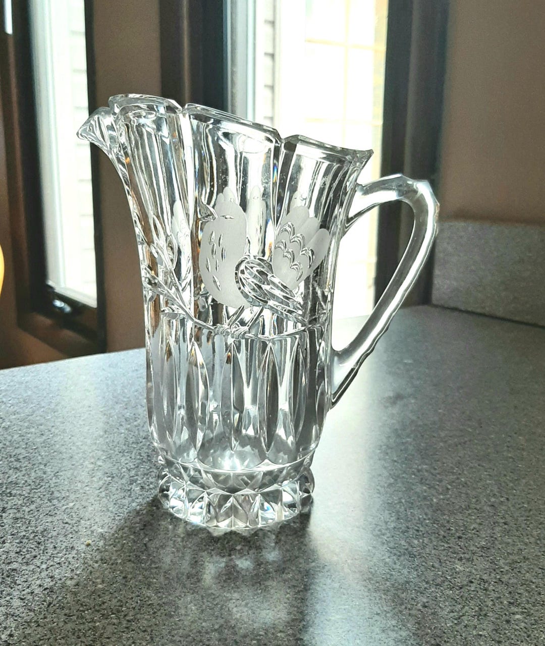 Vintage European Crystal Pitcher: Bird Etching, Heavy Glass - Etsy