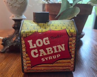 Vintage Towles Log Cabin Syrup Tin Coin Bank:  Mid Century Promotional Advertising