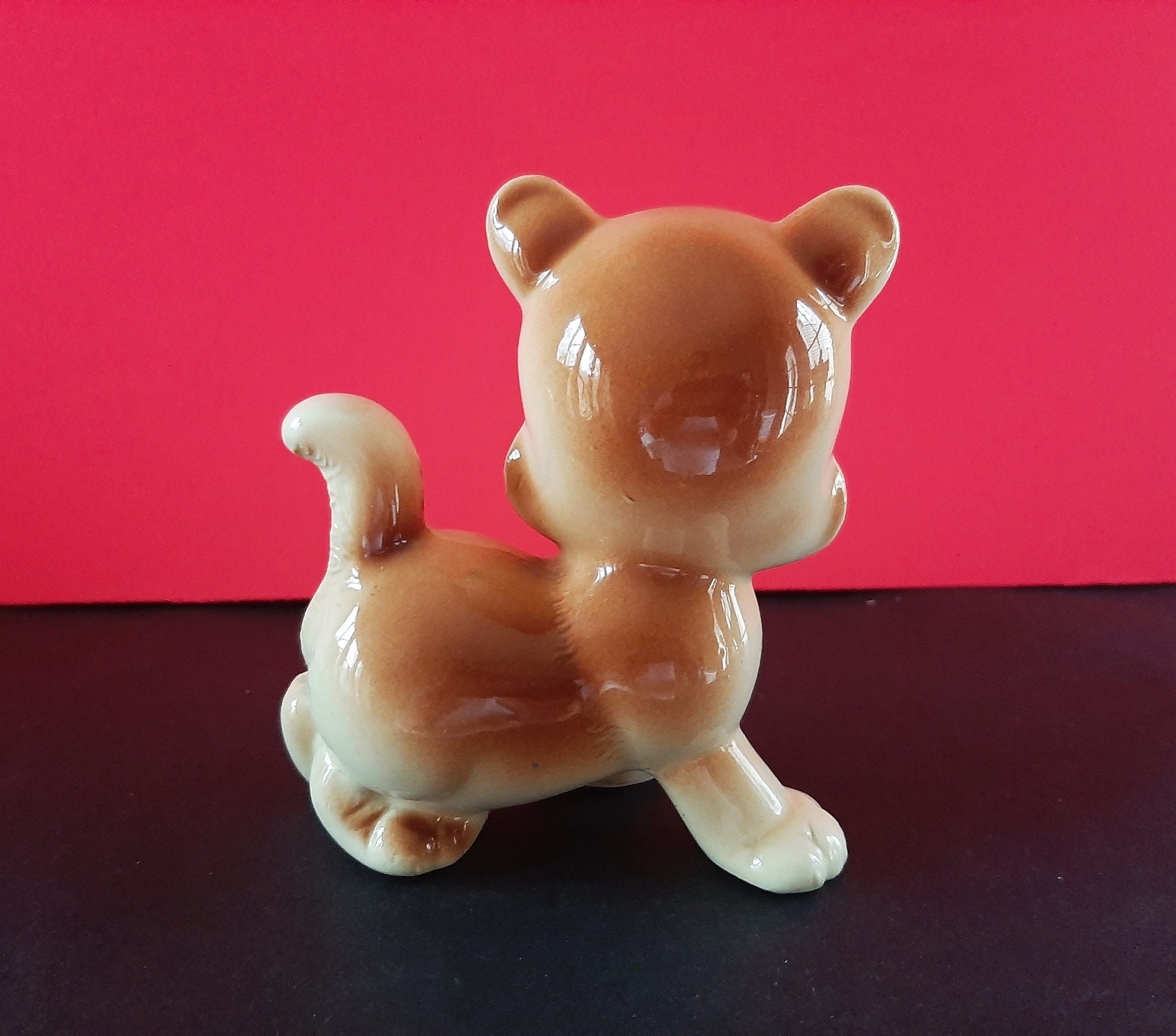 Vintage Kitschy Puppy Figurine With Big Head and Green Eyes, Short