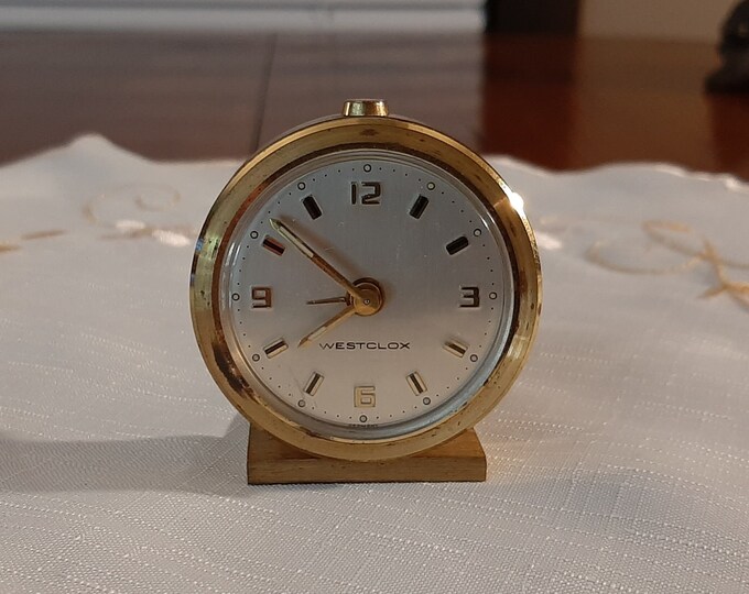 Vintage Goldtone Westclox Wind up Alarm Clock Germany, Small Working Westclox Travel Alarm Clock