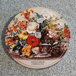 Currier & Ives Frühlingsblumen Runde Dose, bunte Blumen Vintage Dose, Sammlerstück Blumenstrauß Dose, Kunsthandwerk oder Knöpfe Aufbewahrung