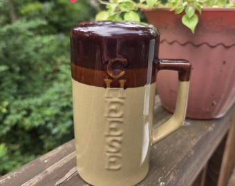 Mid Century 2 Tone Brown and Tan Glazed Stoneware Parmesan Shaker:  1970's Kitchen