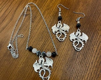 Gothic Dragon Necklace and Earrings Set: Beaded Wiccan Jewelry