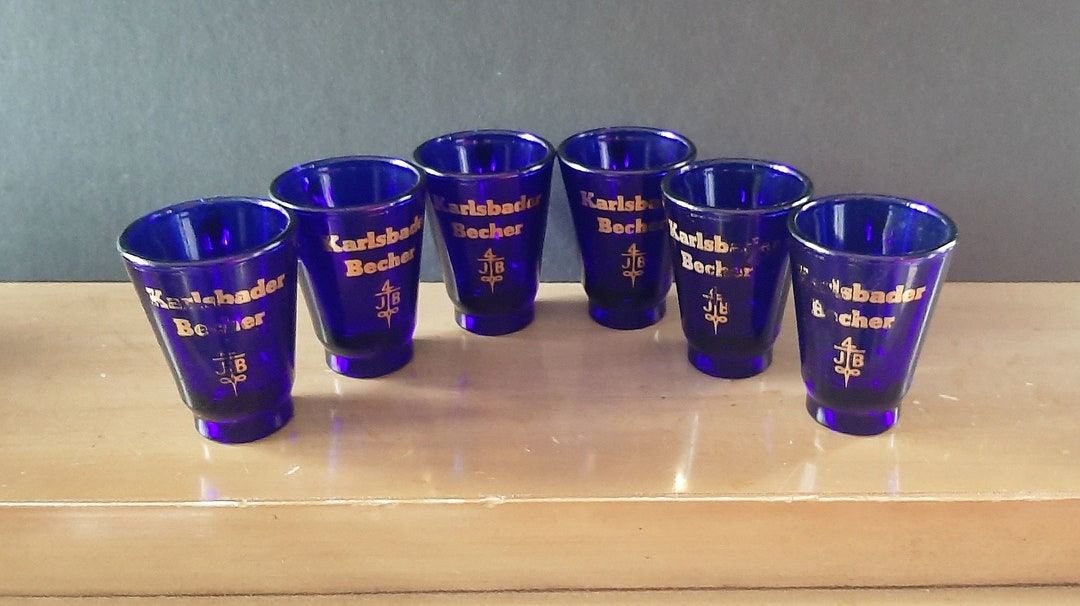 Vintage Karlsbader Becher Cobalt Blue Bitter Shot Glasses - Czech Republic Set