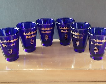 Karlsbader Becher J/B Bitter Cobalt Blue Shot Glasses w Handles Vintage Czech Republic Bitter Shot Glasses