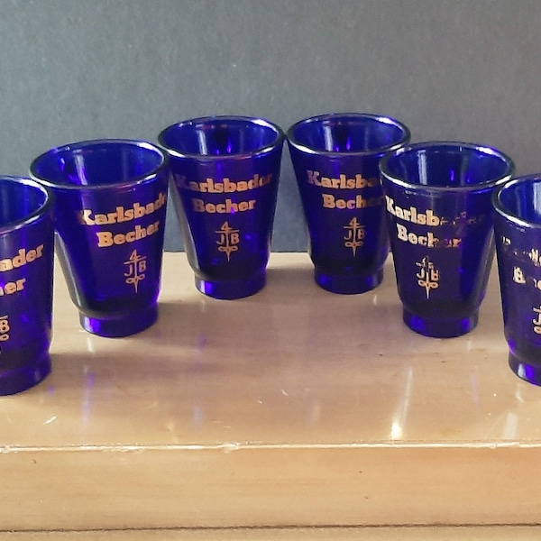 Karlsbader Becher J/B Bitter Cobalt Blue Shot Glasses w Handles Vintage Czech Republic Bitter Shot Glasses