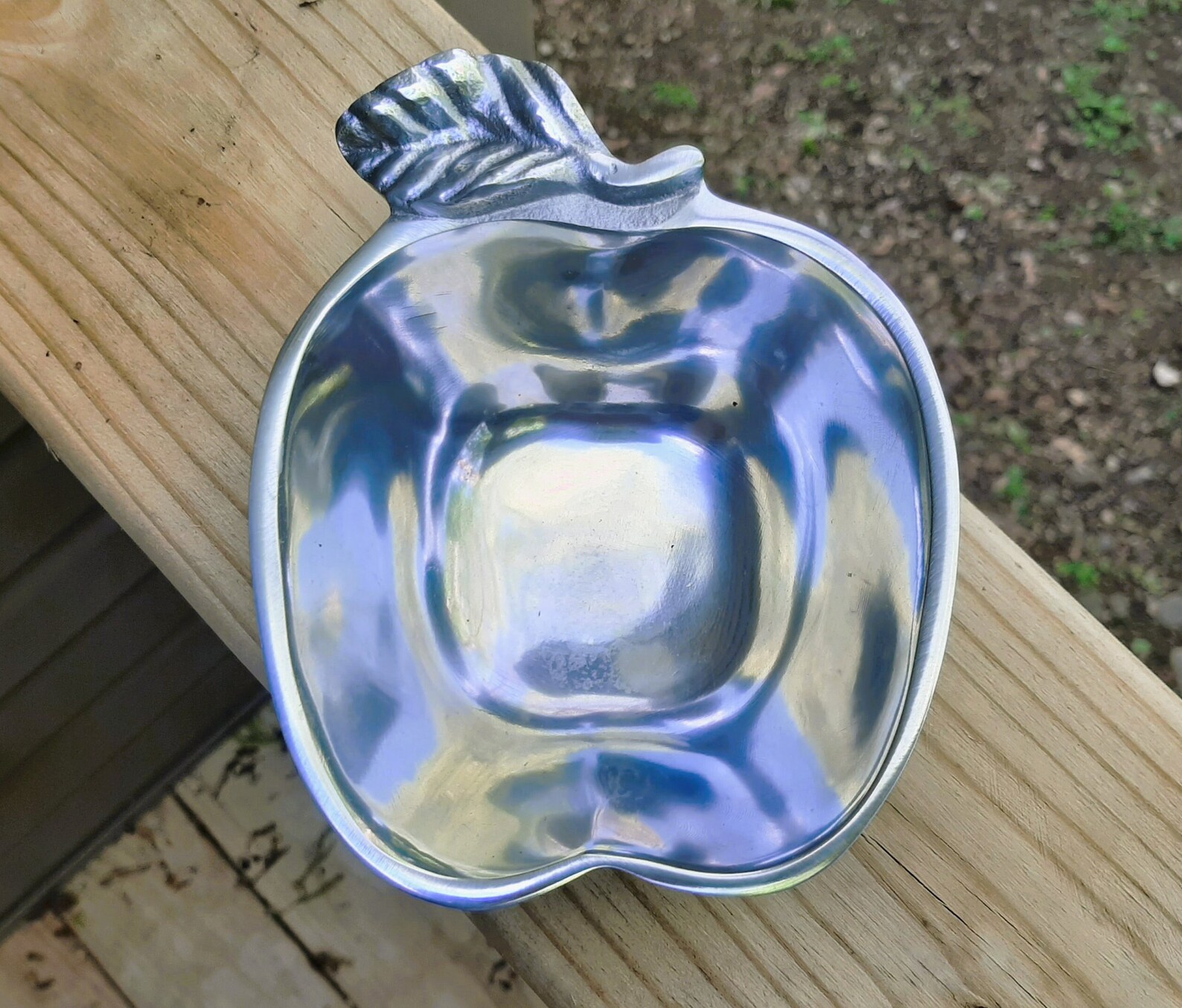 Chrome Plated Apple Dish W Leaf Handle, Silver Apple Candy Dish, Apple Trinket Dish Catchall