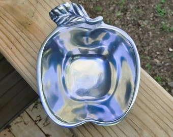 Chrome Plated Apple Dish w Leaf Handle, Silver Apple Candy Dish, Apple Trinket Dish Catchall, Fruit Themed Kitchen
