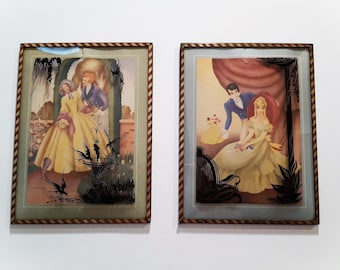 Antique Convex Glass Reversed Painted Silhouettes Victorian Man and Woman Framed Morris & Bendien Lithograph NY Wall Hangings
