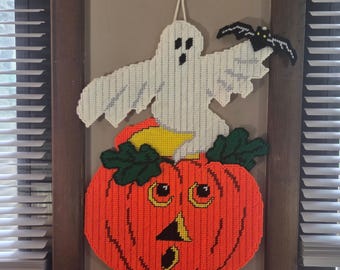 Vintage Halloween Jack O'Lantern w Ghost and Bat Plastic Canvas Wall Hanging:  Vintage Vinyl Weave Mesh Stitched Pumpkin Decoration