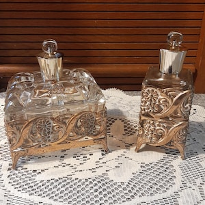 Ormolu Glass Filigree Powder Box and Perfume Bottle, Hollywood Regency Gold Tone Dresser Box w Bottle, Vintage Heavy Ornate Vanity Set