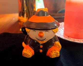Vintage Ceramic Scarecrow with Crow On Shoulder Candle Holder Colonial Candle Taiwan:  Retro Fall Decor
