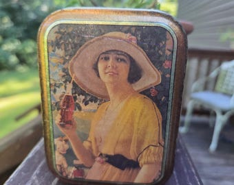 Collectible Coca Cola MetalTin Box w Woman in Yellow Dress & Bonnet:  Vintage Coke Advertising Bristol Ware Box