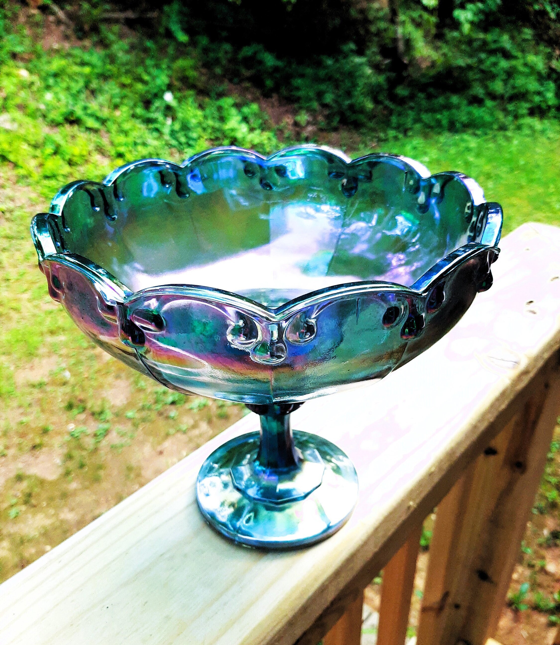 Indiana Glass Blue Teardrop Garland Fruit Compote Bowl, 1970's