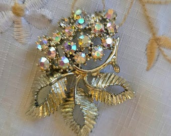 Vintage BSK Aurora Borealis Crystal Floral Brooch: Gold Tone Leaves