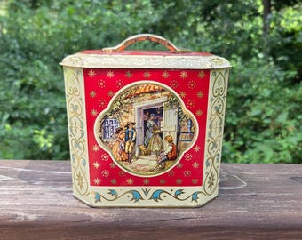 Vintage English Octagonal Red and Gold Lithograph Biscuit Tin:  Collectible Figural English Cottage Scene Metal Box