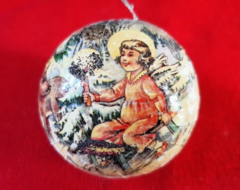 Western Germany Angel on Sled with Deer Paper Mache Candy Container Christmas Ornament, Vintage German Decoupage Ornament, Collectible