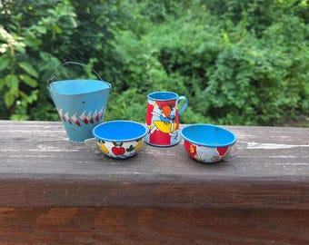 1950's Ohio Art Litho Pitcher & Cups Girl and Doll Graphics and Fruit:  Miniature Metal Coal Scuttle Bucket w Wire Handle, Vintage Toys
