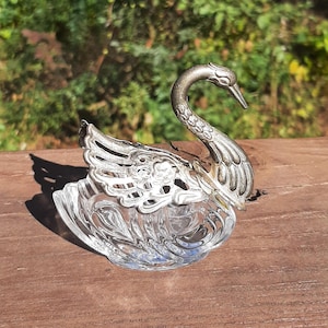 Vintage Silver Glass Swan Salt Cellar w Articulated Wings, Silver and Glass Swan w Movable Wings, Vintage Swan Trinket Dish, 1950s Tableware