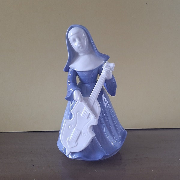 Berman and Anderson Nun in Blue and White Playing Cello Music Box, Vintage Glazed Ceramic Nun Music Box, Collectible 1960's Music Box, Retro